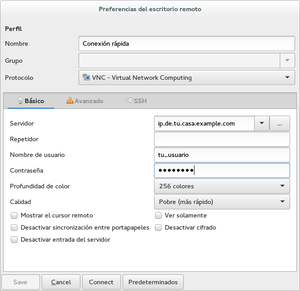 Configurar la conexión VNC. La contraseña es la que hemos puesto antes al compartir el escritorio.