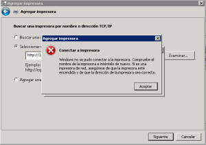 Windows no se pudo conectar a la impresora. Compruebe el nombre de la impresora e inténtelo de nuevo. Si es una impresora de red, asegúrese de que la impresora esté encendida y de que la dirección de la impresora es correcta.